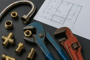 Close‑up van loodgietersgereedschap met messing fittingen, gevlochten slang en bouwtekening op een donkere achtergrond, passend bij een checklist voor loodgietersbedrijf Breda