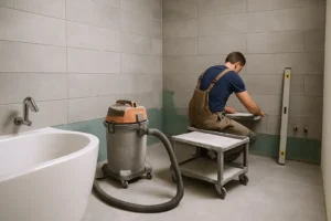 Badkamer renovatie met moderne tegels en installatie door vakman
