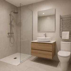 Moderne badkamer met grote porseleinplaten, inloopdouche en zwevende wastafel, passend bij badkamer renovatie in 2025.