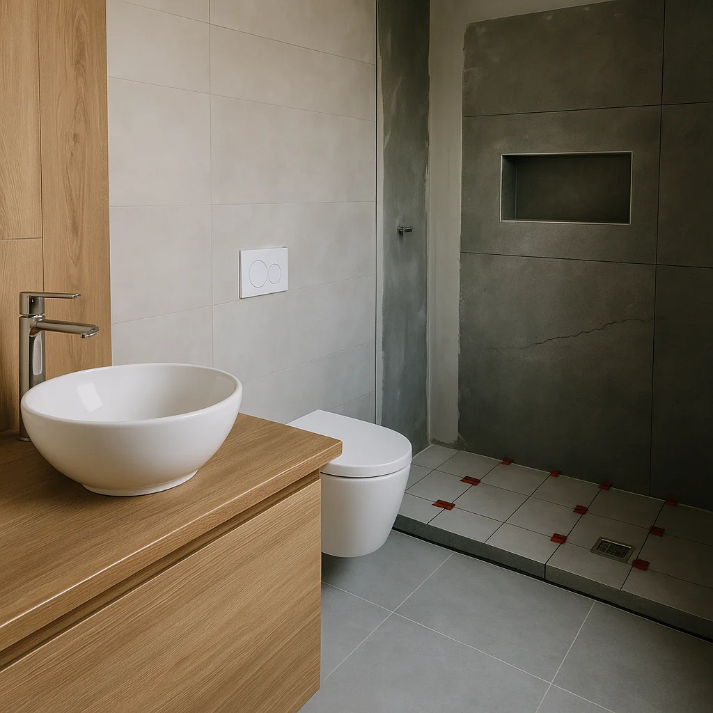 Badkamer renovatie in uitvoering met moderne inloopdouche en houten accenten