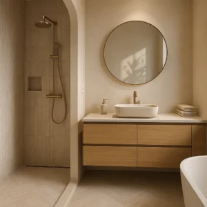Moderne badkamer met houten wastafelmeubel, ronde spiegel en douche met geborsteld messing details.