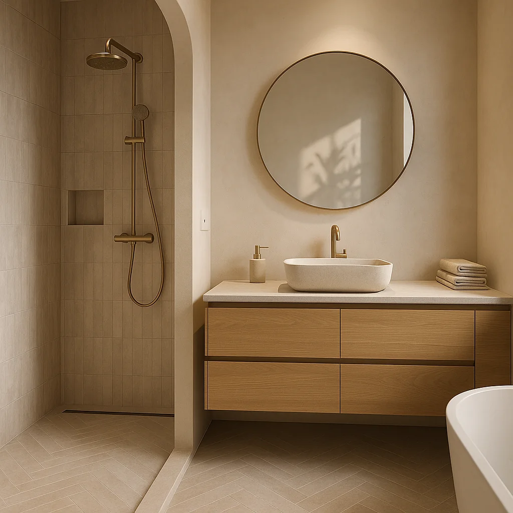 Moderne badkamer met houten wastafelmeubel, ronde spiegel en douche met geborsteld messing details.