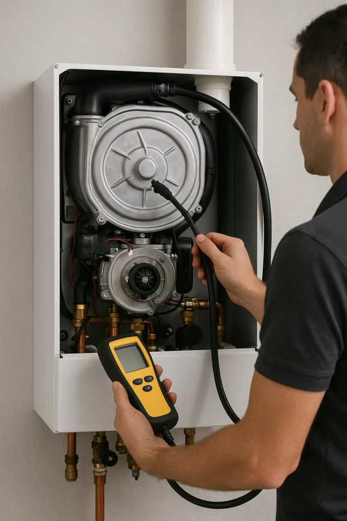 Technicus voert cv-ketelonderhoud uit met rookgasafvoercontrole en digitale analyzer.