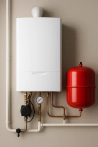 Wandgemonteerde cv-ketel met rood expansievat en nette koperen leidingen in technische ruimte