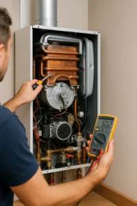 Technicus voert cv-onderhoud uit met multimeter en gereedschap bij open ketel
