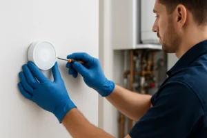 Monteur plaatst slimme thermostaat op witte muur; cv-ketel en koperleidingen op achtergrond.