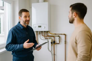 Technicus bespreekt cv-ketel installatie met huiseigenaar in een moderne technische ruimte.