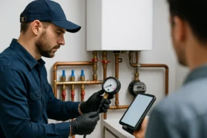 Loodgieter voert druktest uit bij cv-installatie met netjes aangelegde koperen leidingen, klant kijkt mee op achtergrond.