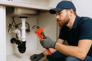 Loodgieter werkt onder een keukenspoelbak met rode pijptang.