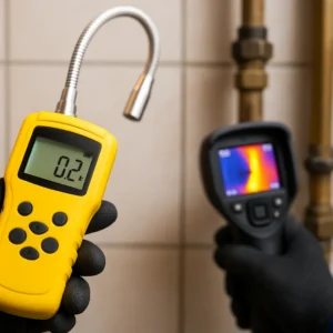 Technicus gebruikt een gele gasdetector met flexibele probe om een gaslek bij een leiding te controleren.