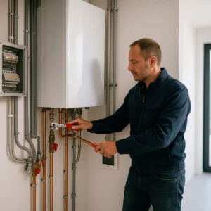 Erkende installateur stelt cv-ketel en koperleidingen af in schone technische ruimte in Dordrecht