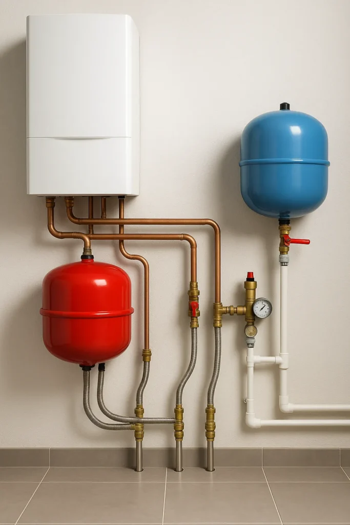 Cv-ketel met expansievat en waterdrukvat, strak gemonteerd aan een muur