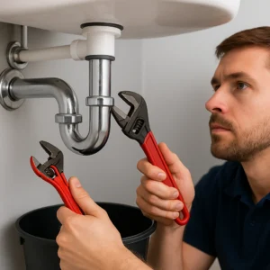 Loodgieter werkt geconcentreerd aan een P-trap onder een witte wasbak met rode tangen.