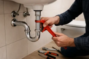 Loodgieter repareert een afvoer onder een witte wastafel met pijptang.