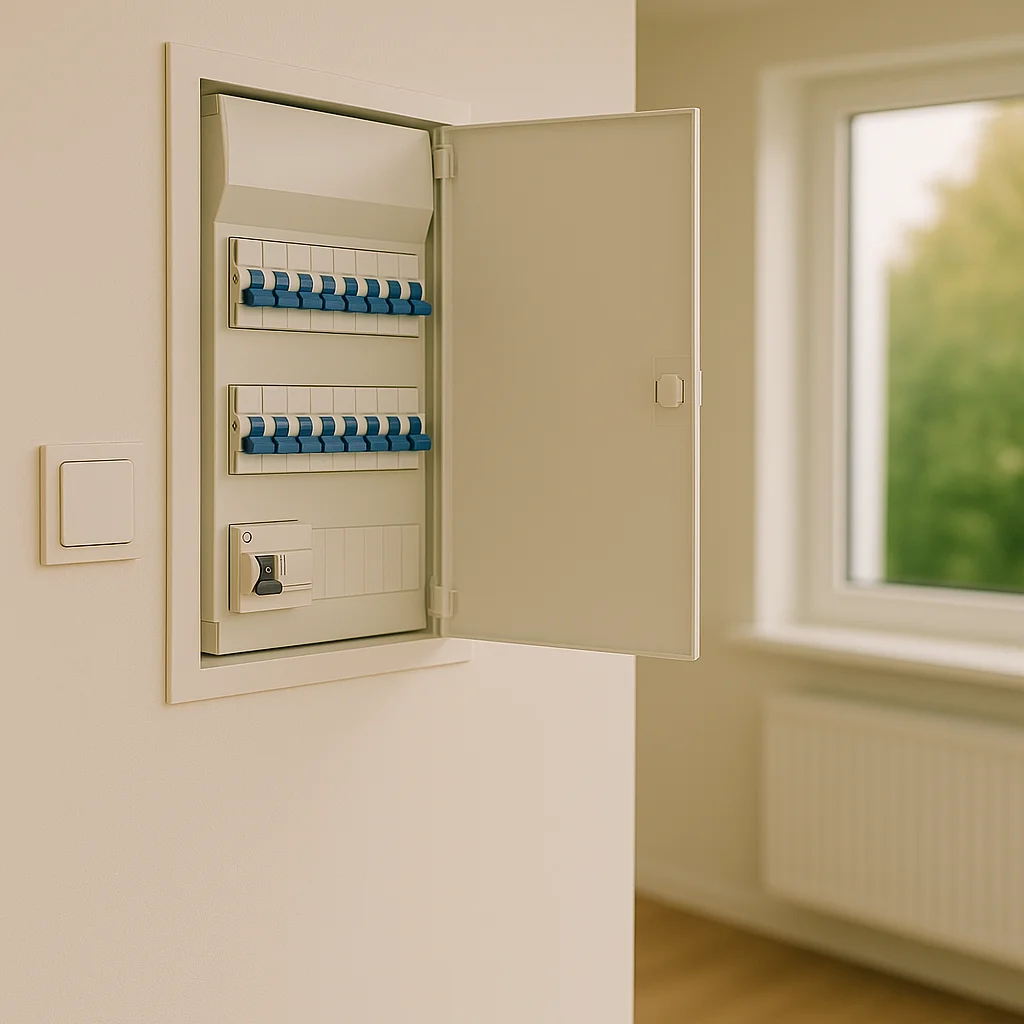 Moderne groepenkast met blauwe schakelaars en open deur in een lichte ruimte met raam en radiator.