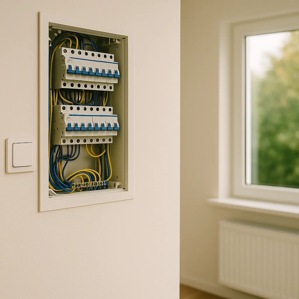 Moderne meterkast met nette bedrading en zekeringen in een lichte, strak afgewerkte ruimte.