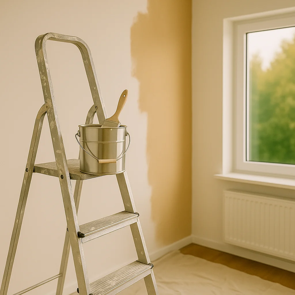 Schilderproject in uitvoering met ladder, verfemmer en kwast in een lichte kamer met raam.