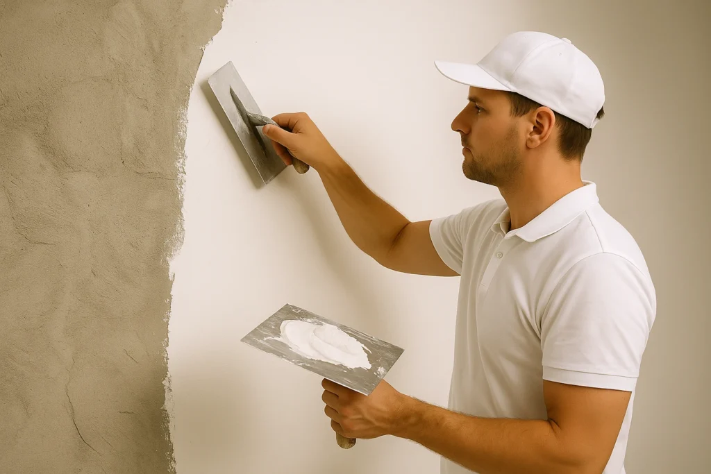 Professionele stukadoor in Breda werkt aan gladde binnenmuur met spaan en troffel.