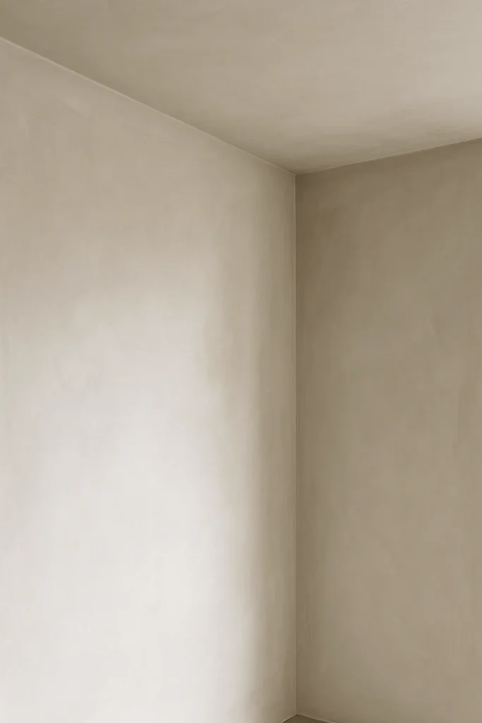 Strak gestucte beige muur in een minimalistische kamer met zachte lichtval.